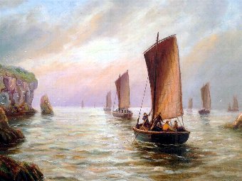 Antique ORIGINAL VICTORIAN ANTIQUE OIL PAINTING FISHING VESSELS ON THE NORTH EAST COAST SIGNED BERNARD BENEDICT HEMY 1844-1910