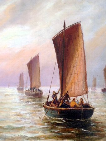 Antique ORIGINAL VICTORIAN ANTIQUE OIL PAINTING FISHING VESSELS ON THE NORTH EAST COAST SIGNED BERNARD BENEDICT HEMY 1844-1910