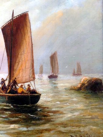 Antique ORIGINAL VICTORIAN ANTIQUE OIL PAINTING FISHING VESSELS ON THE NORTH EAST COAST SIGNED BERNARD BENEDICT HEMY 1844-1910