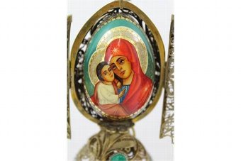 Antique Russian style egg decorated with God muther Maria and child