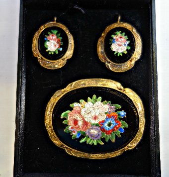 Antique Georgian Micro Mosaic 18k Brooch and Earrings Set