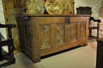 A LARGE 16TH CENTURY NORMAN OAK CARVED CHEST