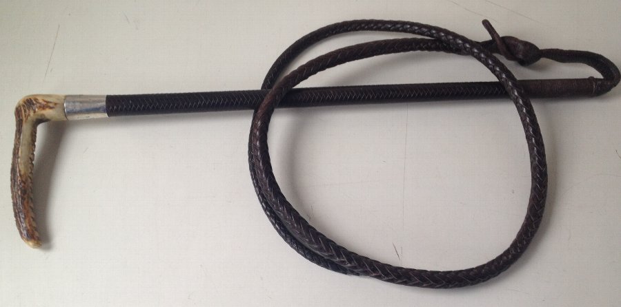 Beautiful 20 inch Swaine ladies / lightweight gents, Plaited Leather Hunt Crop -1949  Silver collar