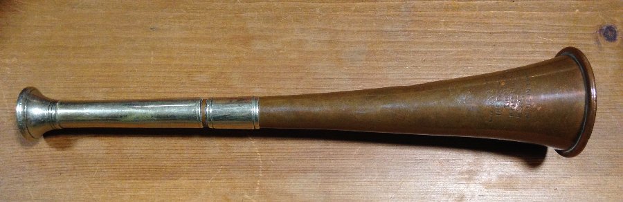 Vintage Cotswold style fox hunting horn with a white metal band stamped Swaine & Adeney , 185 Piccadilly London  
