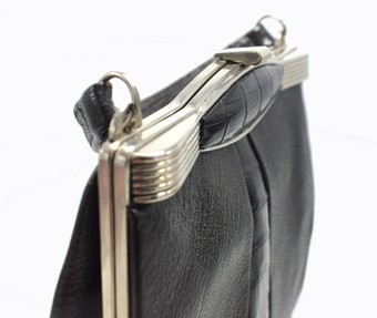 Antique Original 1930's Vintage Art Deco Black Leather & Chrome Ladies Bag