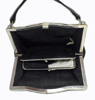 Antique Original 1930's Vintage Art Deco Black Leather & Chrome Ladies Bag
