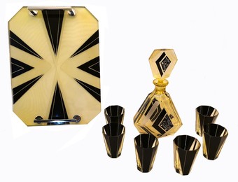 Antique Art Deco Czech Enamel & Glass Decanter Set on Matching Tray