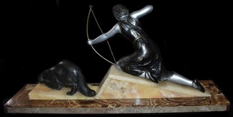 Antique 1930's Art Deco Figural Group On Marble