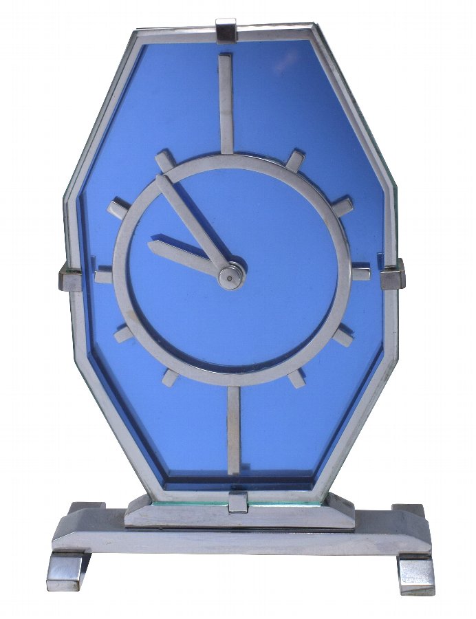 1930s Art Deco Blue Glass and Chrome Modernist Clock