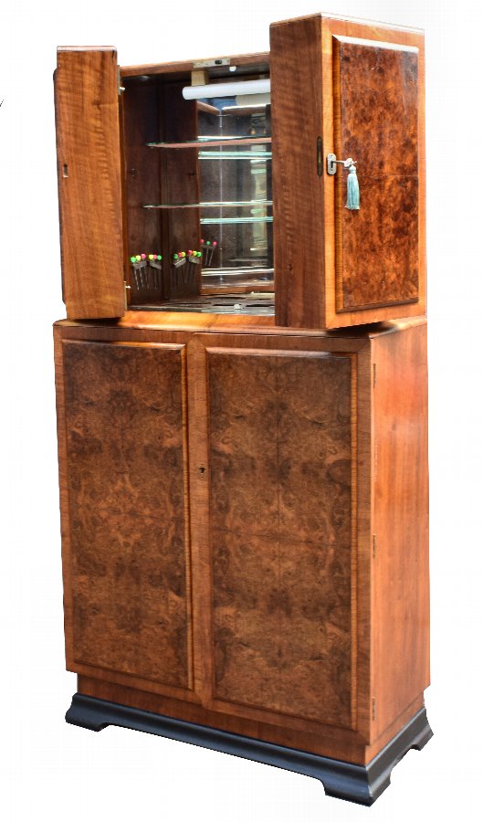 Antique Art Deco Walnut Fronted Cocktail Drinks Cabinet Antiques