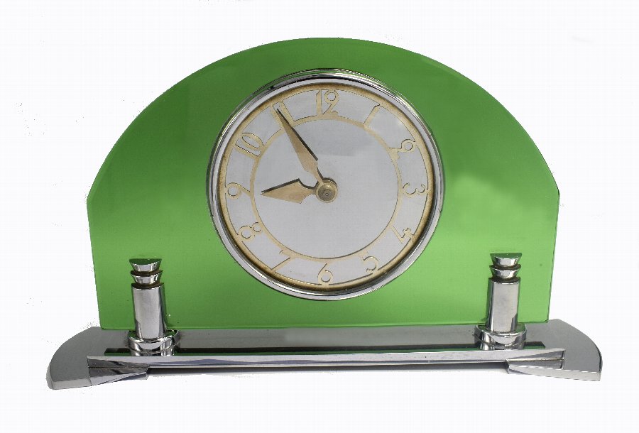 Art Deco Smiths English 8 Day Chrome & Green Glass Clock