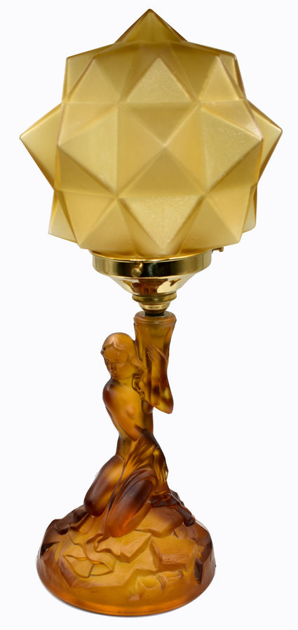 Art Deco Walther and Sohne Amber Glass Table Lamp, 