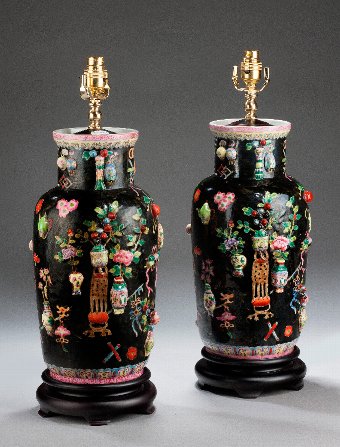 Antique Pair of Canton Porcelain Lamps. 