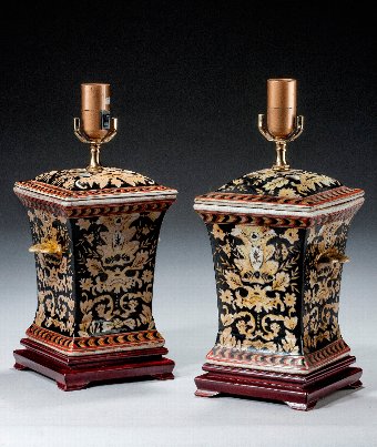 Antique Pair of Crackleware Waisted Lamps. 