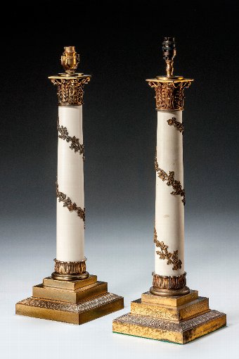 Antique Pair of Gilt Bronze Column Lamps
