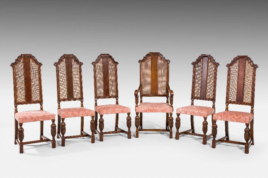 Antique Set of Five Side and One Armchair Oak and Mahogany High Back Chairs