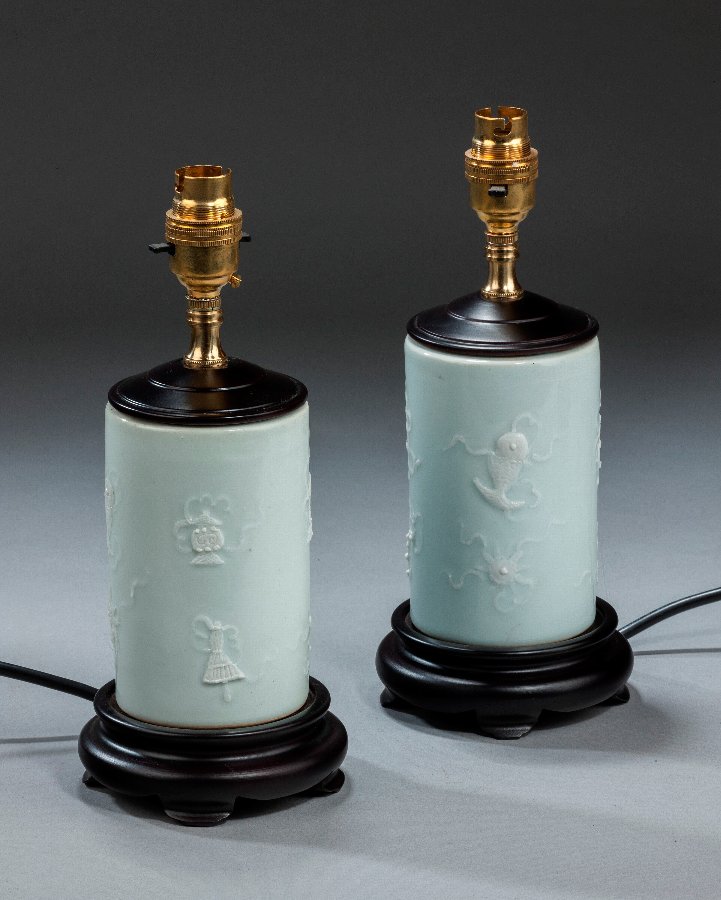 Antique Pair of Porcelain 'Brush Pot' Lamps