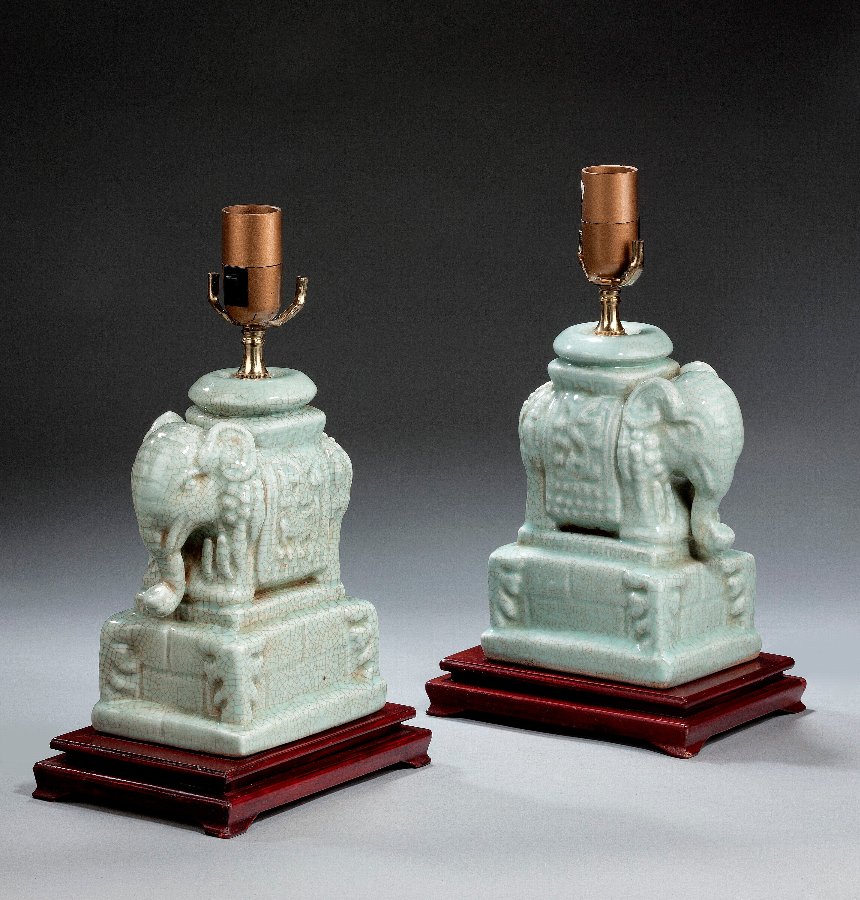 Antique Pair of Celadon Green 'Elephant' Lamps