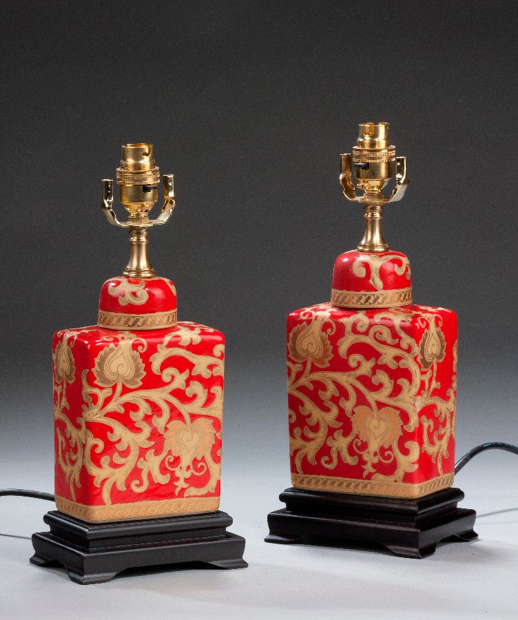 Pair of Red Ground, Rectangle Shaped Lamps.