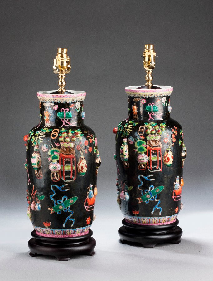 Antique Pair of Canton Porcelain Lamps. 