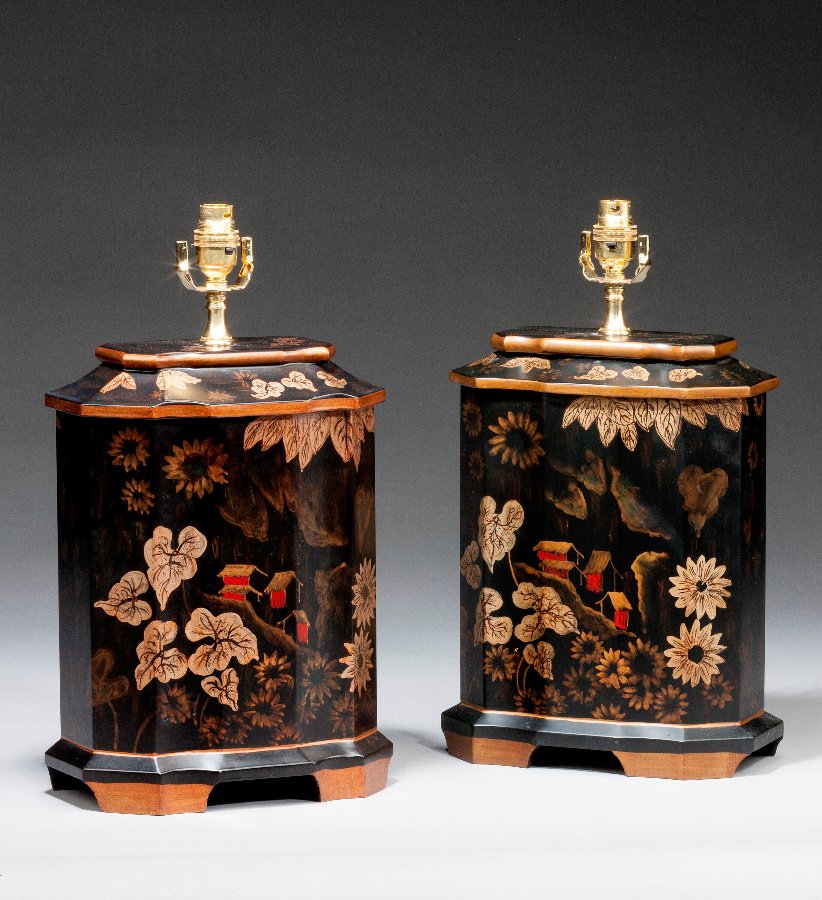 Antique Pair of Ebonised Twelve Sided Pottery Lamps. 