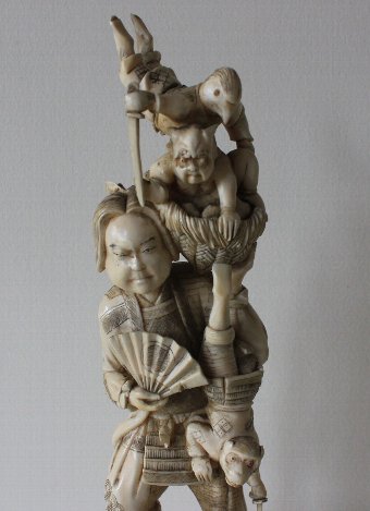 Antique Impressive Antique Japanese Okimono - Man with Monkeys & Oni