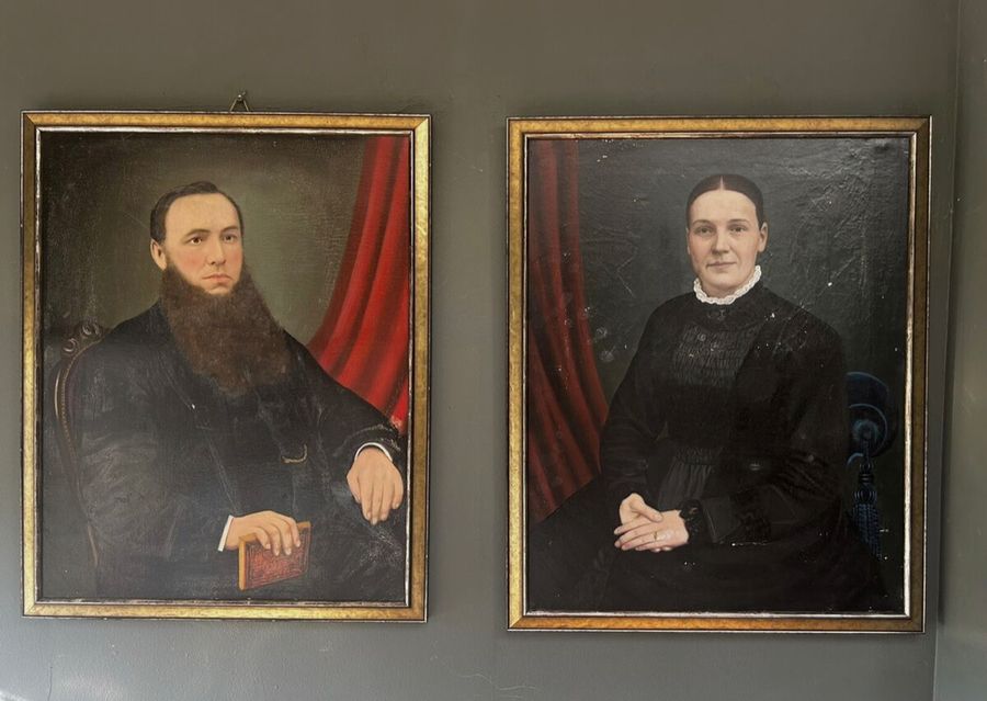 Pair of Large Antique 19th Century Belgium Oil on Canvas Portrait Paintings