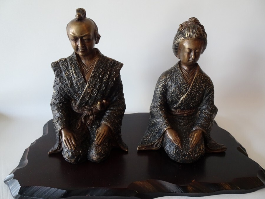 Japanese Bronze Figures of Man and Woman Kneeling