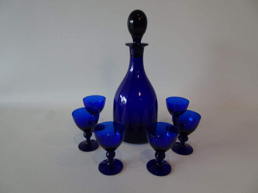 Bristol Blue Decanter and Six Sherry Glasses