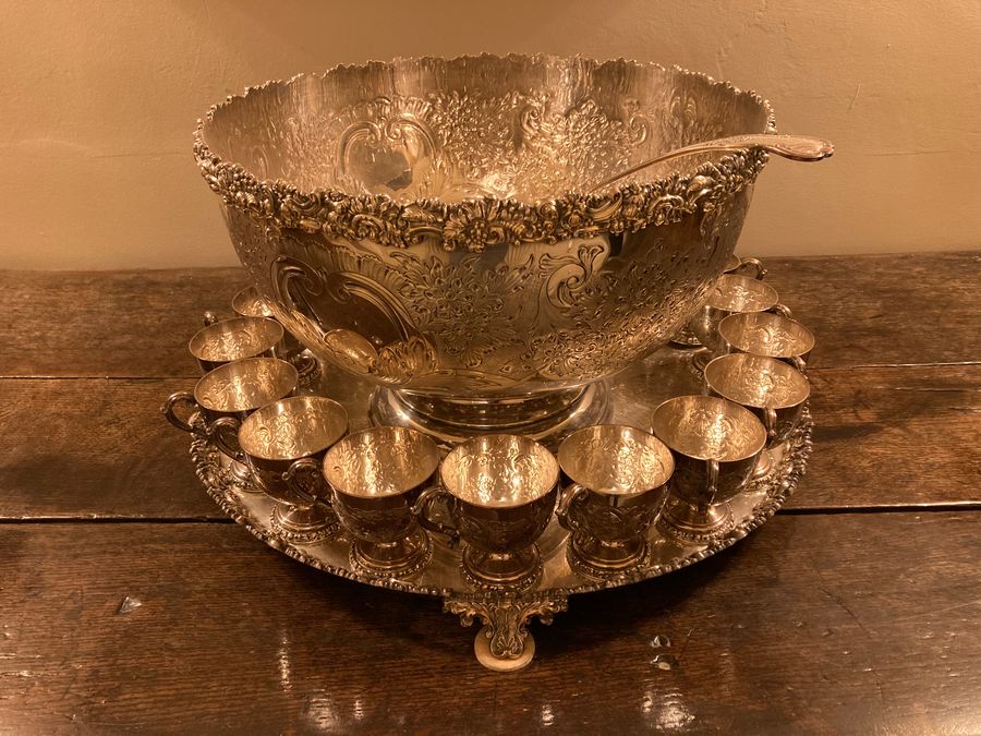 Silver Plated Punch Bowl with Tray, Ladle & 18 Stirrup Cups