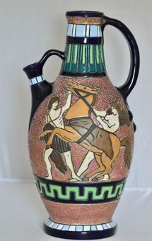 Superb and Substantial Art Deco Polychrome Amphora Ceramic Pitcher 1920/49