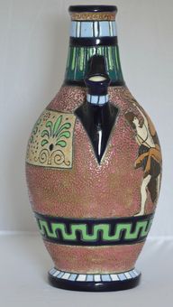 Antique Superb and Substantial Art Deco Polychrome Amphora Ceramic Pitcher 1920/49