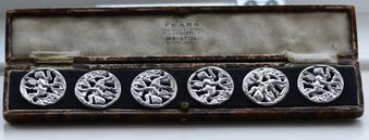 Six Art Deco Cased Solid Silver Angel Cherub Buttons by Nathan & Hayes 1919