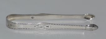 Antique Excellent Hester Bateman Bright Cut Georgian Silver Sugar Tongs - Acorn Design