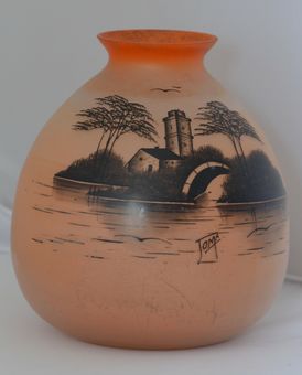 Antique Art Deco Handprinted on Opaque Glass Vase signed JOMA from around 1930 -1935.