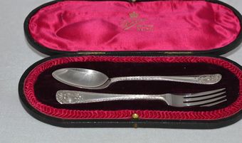Antique 1908 Art Nouveau Solid Silver Christening Fork   Spoon Set  by Josiah Williams