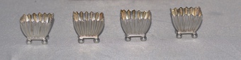 Antique Cased Set Of Four 1885 Victorian Silver Square Salt Cellars and Spoons