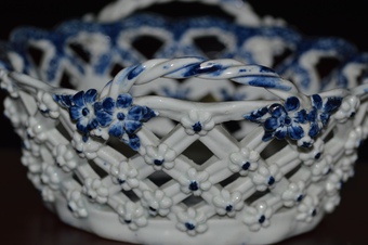 Antique 18th Century Lowestoft Ceramic Basket - Printed and Painted in Pine Cone Pattern