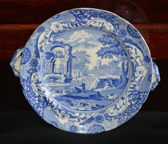 Early 19c Blue and White Transfer-Printed Spode Italian Pattern Hot Water Plate