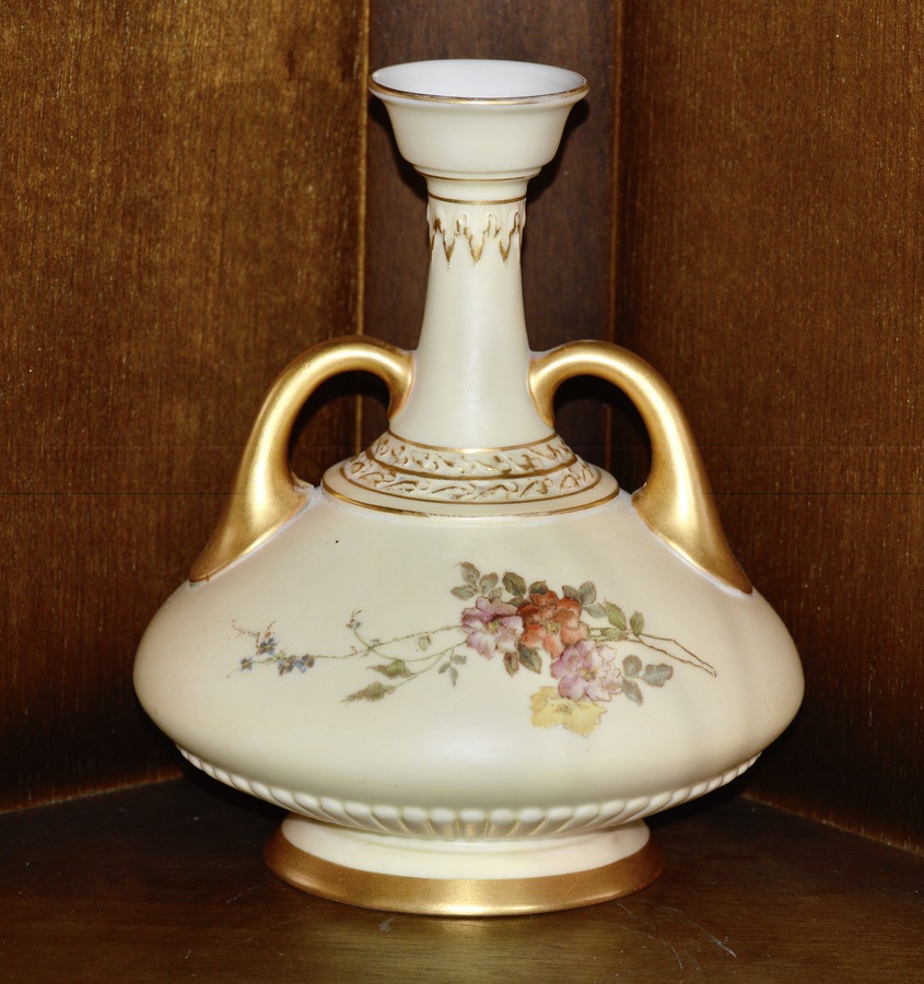Antique Royal Worcester 1894 Hand Painted Twin Handle Blush Ivory Vase