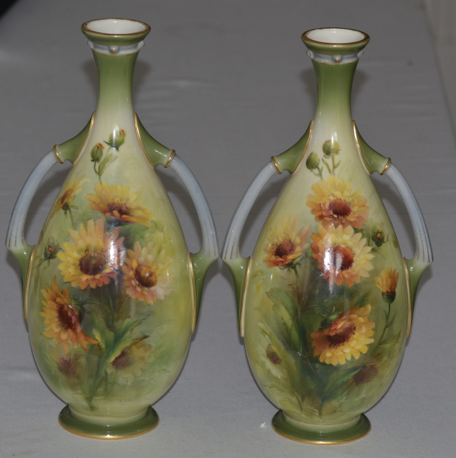 Stunning pair of Royal Worcester Two Handled Vases by George Cole 1903 and 1906