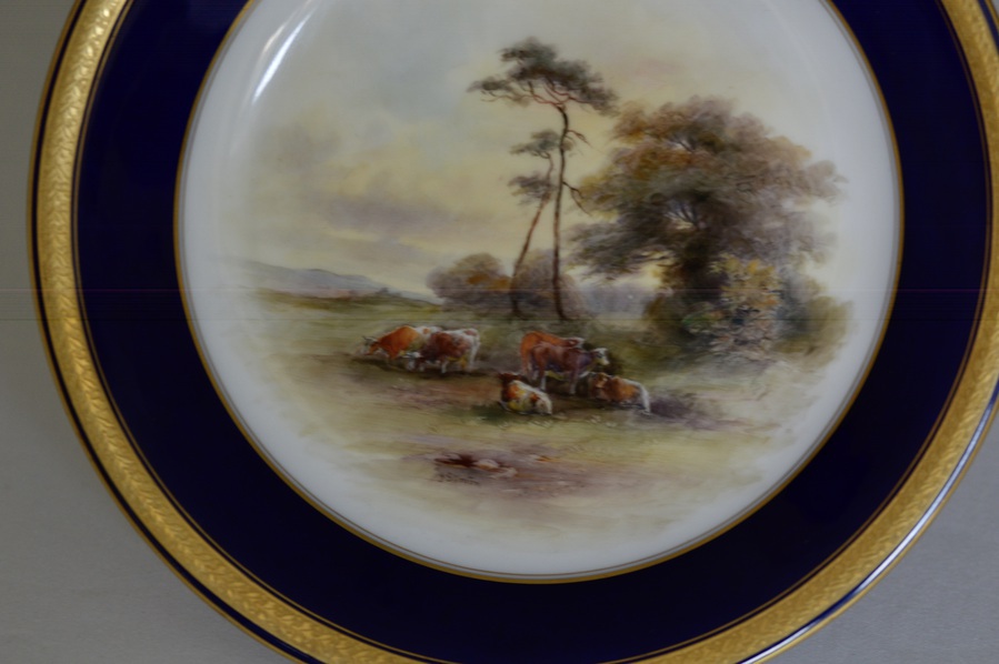 Antique Royal Worcester Dish 1914 - Hand-Painted Lowland Cattle by John Stinton