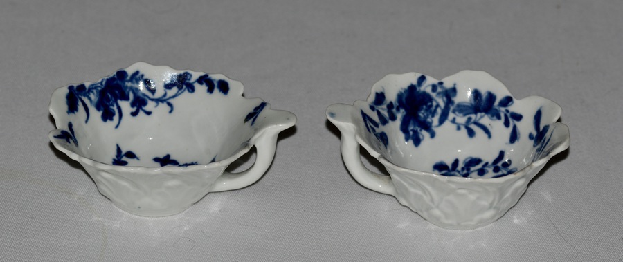 Antique 1758-60 An Attractive Pair of Worcester Geranium Moulded Butterboats