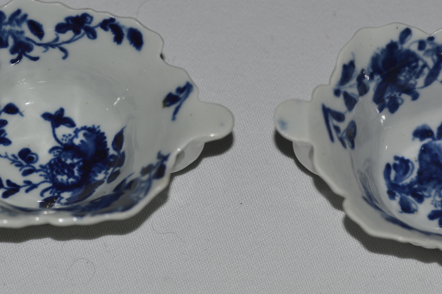 Antique 1758-60 An Attractive Pair of Worcester Geranium Moulded Butterboats