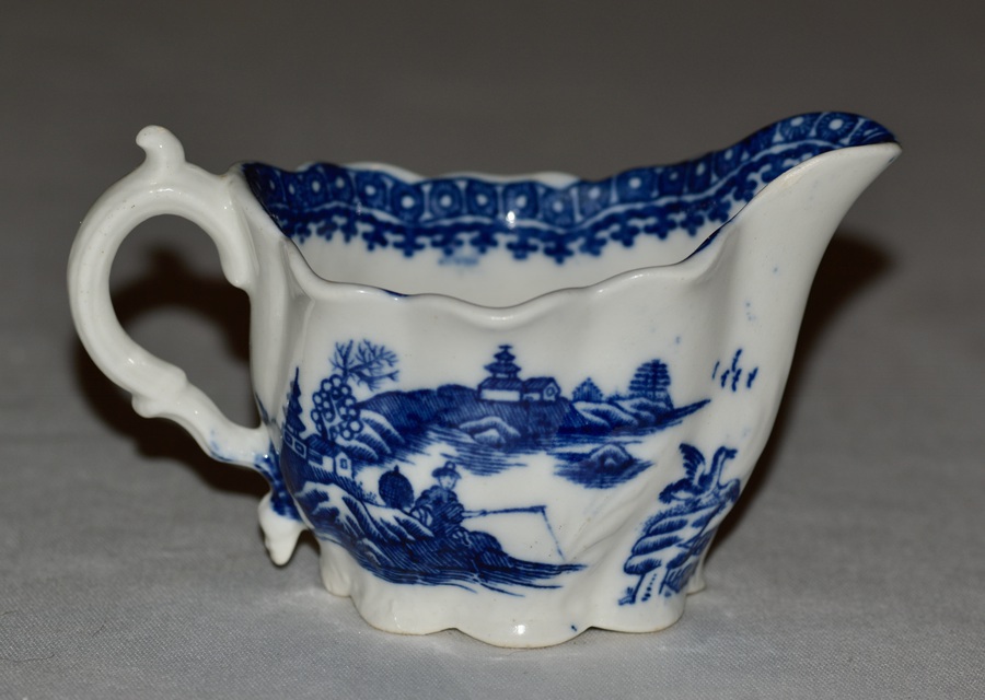 18th Century Caughley Porcelain Low Chelsea Ewer Fisherman and Cormorant Pattern