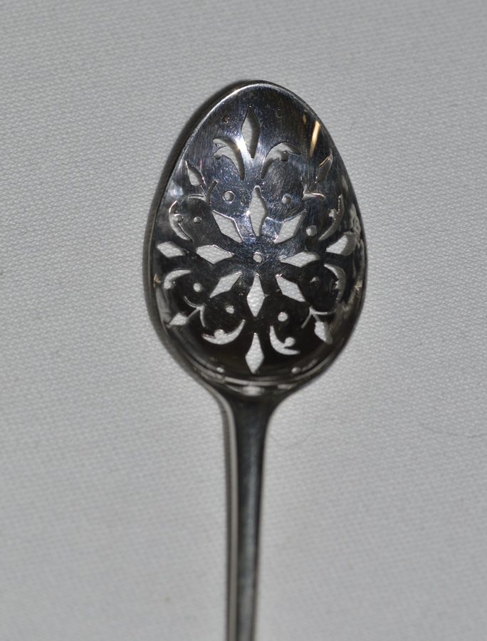 Antique George II silver mote spoon, pierced bowl London c.1740
