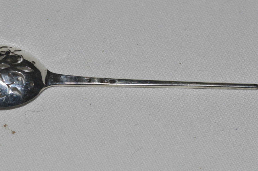 Antique George II silver mote spoon, pierced bowl London c.1740