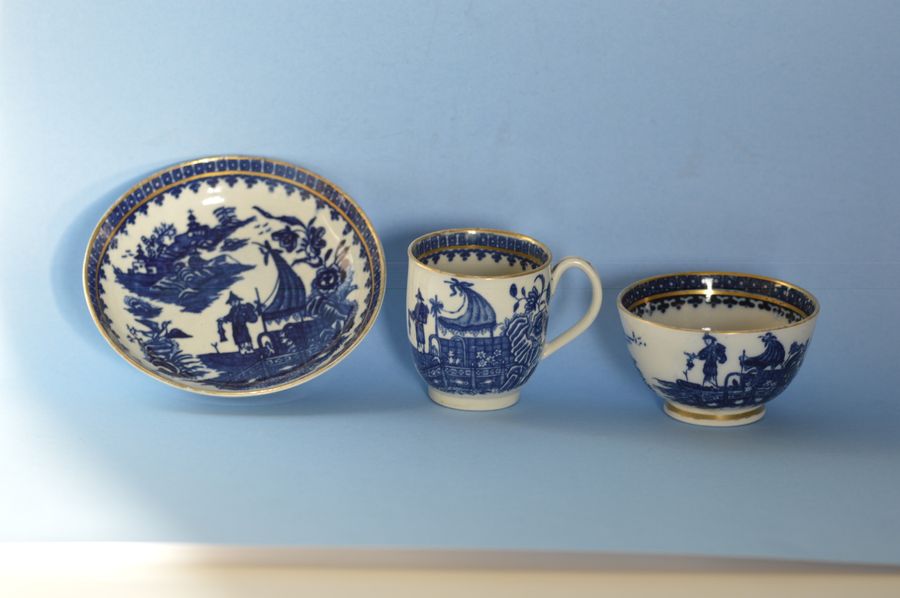 Caughley Porcelain Blue & White and Gilt Trio - Circa 1790