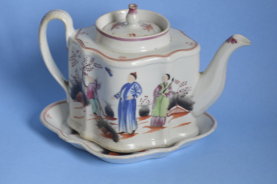 Antique Early 19th Century New Hall Teapot + Stand - Boy and Butterfly Pattern