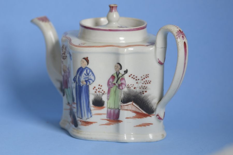 Antique Early 19th Century New Hall Teapot + Stand - Boy and Butterfly Pattern